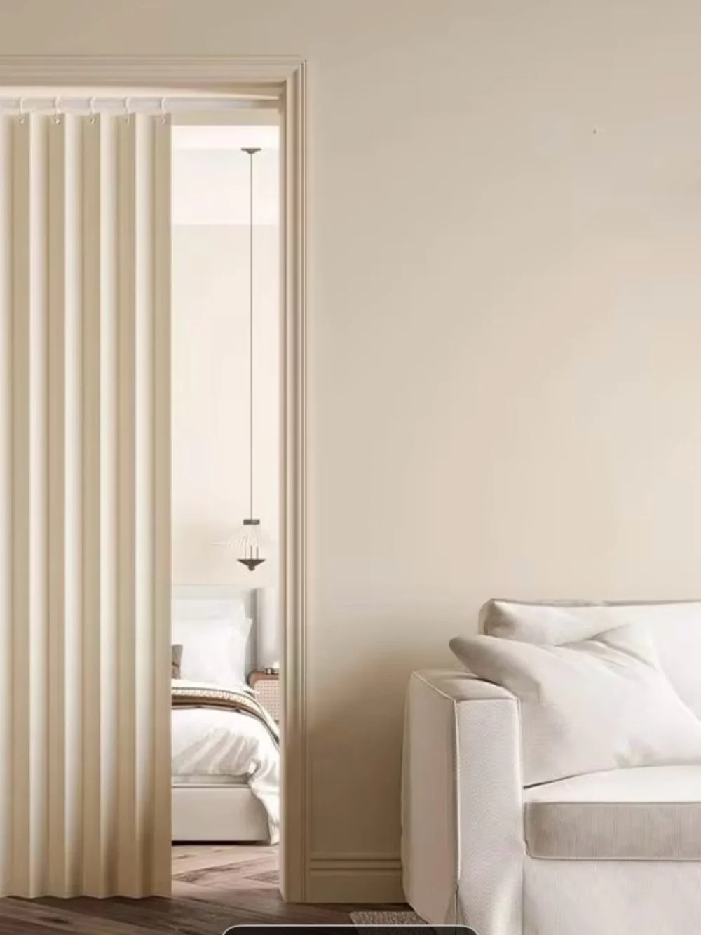 Neutral Cream Folding Room Divider Curtain. Set of 2